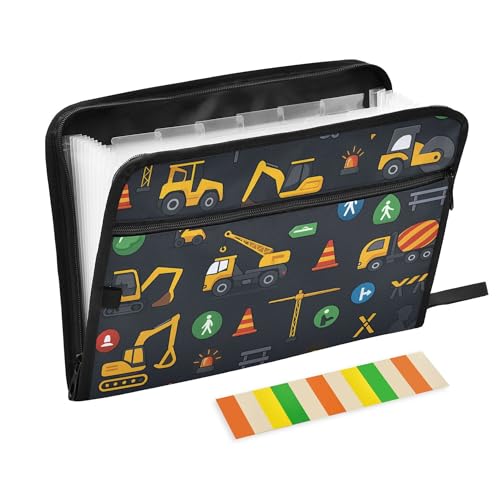 Construction Vehicles Expanding File Folder with Sticky Labels, 13 Pockets Accordion File Folder Document Organizer Expandable Zip File Folder with Zipper Closure - color: Construction Vehicles