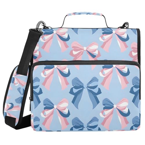 3 Ring Zipper Binder with Shoulder Strap Pink Bow Blue Pattern 1.5 inch Binders Keeper Large Capacity Multi Pockets for School Office Supplies - color: Multi475, size: Fit 500 Sheets