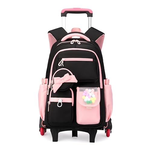 Rolling Backpack for Girls Kids Backpack with Wheels Cute Girls Trolley Bags Rolling School Bag for Elementary Middle - color: Black+pink 6 Wheels