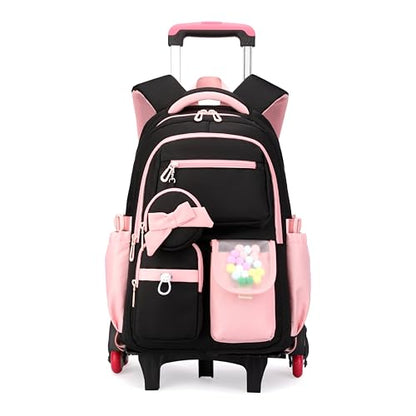 Rolling Backpack for Girls Kids Backpack with Wheels Cute Girls Trolley Bags Rolling School Bag for Elementary Middle - color: Black+pink 6 Wheels