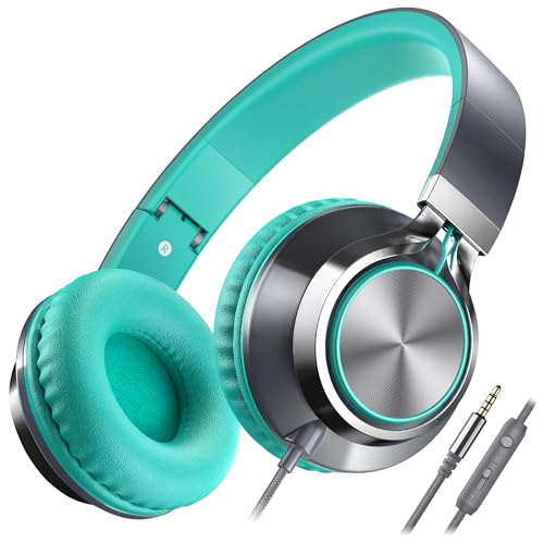 AILIHEN C8 Wired Headphones with Mic and Volume Control - Noise Isolating On-Ear Headphones, Folding Lightweight Corded 3.5mm Headset for Cellphones Tablets Chromebook Laptop Computer (Grey/Mint) - color: Turquoise, size: Medium