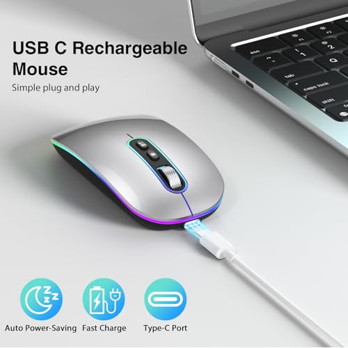 cimetech Rechargeable Wireless Mouse, 2.4G & BT Slim Mouse for MacBook with USB Receiver, Silent Click, 1600 DPI for Office Travel Mac Air Pro/PC/Laptop/Computer-Grey - color: Grey
