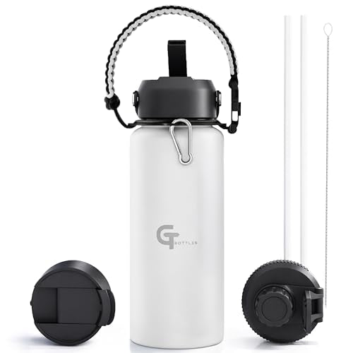 32oz Insulated Stainless Steel Water Bottle with 3 Lids & Paracord Handle – Leakproof Wide Mouth Metal Sports Bottle for Gym, School & Travel (White, 32oz) - color: White, size: 32oz