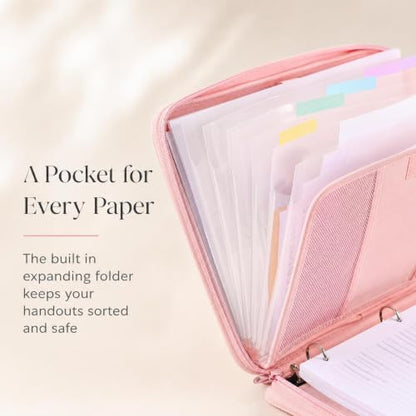 Sturdy 3 Ring Zipper Binder with Strap for School - Beautiful 1 Inch Zip Up Binder with 5-Tab Dividers Holds 420 Sheets, Books & Laptop - Easy to Carry Trapper Keeper Made of Premium Fabrics - color: Pink