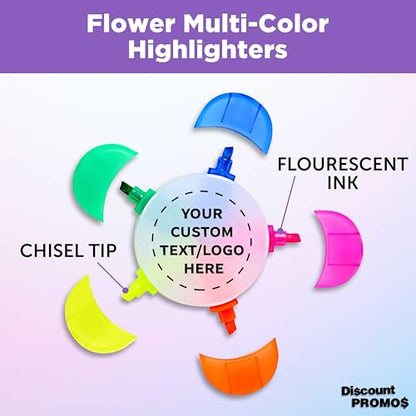 DISCOUNT PROMOS Custom Highlighters Set of 10/50/100, Personalized Bulk Pack Durable Chisel Tip Textbook Highlighters Handy and Easy to Store - Flower - color: White - Flower