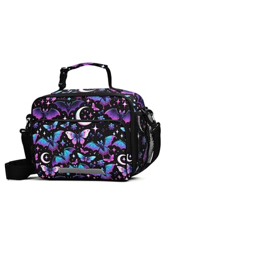 MNSRUU Student Lunch Bag Neon Purple and Bats Stars and Moons Insulated DinnerTotes Picnic Bag Lunch Box with Adjustable Shoulder Strap for Teen Kids Adults - color: Bats A8889