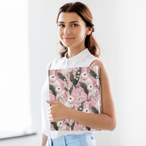 Pink Butterfly Flowers Cute Rabbit Binder 3 Ring 1.5 Inch Binder with Clipboard&Pockets, Hardcover Binders Heavy Duty Large File Folder for Office School Supplies - Holds 200 Sheets - color: Light Pink Butterfly Flower Rabbit, size: 1 Pack-12.4x10.63in