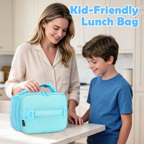 FlowFly Kids Lunch Bag, Durable Insulated School Lunch Box with Shoulder Strap and Bottle Holder, Water-resistant Thermal Small Lunch Cooler Tote for Teen Boys & Girls,Light Blue - color: Light#Blue