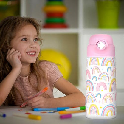 Girls Insulated Water Bottle with Covered Pop-Up Straw,16 oz Kids Cups with Stainless Steel Leak Proof for School（Rainbow-Pink） - color: A11.Rainbow, style: 1Pack