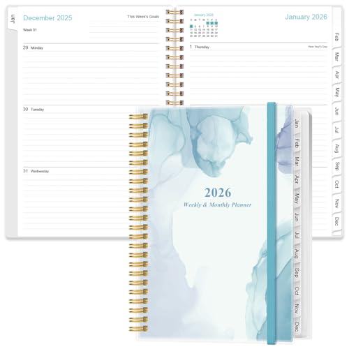 2026 Planner - Planner 2026 from January 2026 - December 2026, Weekly & Monthly Planner Spiral Bound with 12 Monthly Tabs, Inner Pocket, 6.4" x 8.5", Blue Watercolor - color: Blue Watercolor, size: 6.4" x 8.5"