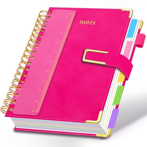 Hardcover Spiral Notebook College Ruled, 8.5"x11" Leather Journal Notebook with Magnetic Closure, 300 Pages 5 Subject Notebook with Dividers Tabs Journal for Women Men, Work, School(Rose Red) - color: Rose Red, size: A4-8.5"x11"