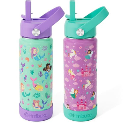 Fimibuke Kids Insulated Water Bottle, 18oz BPA FREE Kids Cup with Straw Double Wall Vacuum Travel Tumbler 18/8 Stainless Steel Leak Proof Toddler Water Bottle for School Boys Girls, 2 Pack - color: Fairy & Mermaid