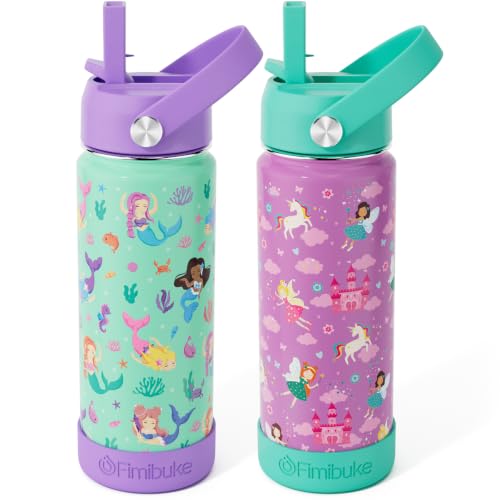 Fimibuke Kids Insulated Water Bottle, 18oz BPA FREE Kids Cup with Straw Double Wall Vacuum Travel Tumbler 18/8 Stainless Steel Leak Proof Toddler Water Bottle for School Boys Girls, 2 Pack - color: Fairy & Mermaid