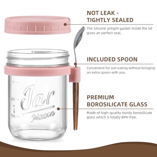 LANDNEOO 4 Pack Overnight Oats Containers with Lids and Spoons, 16 oz Glass Mason Jars with Airtight Lids, Overnight Oats Jars for Milk, Cereal, Fruit-Pink - color: Pink