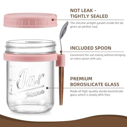 LANDNEOO 4 Pack Overnight Oats Containers with Lids and Spoons, 16 oz Glass Mason Jars with Airtight Lids, Overnight Oats Jars for Milk, Cereal, Fruit-Pink - color: Pink