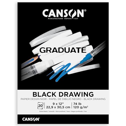 Canson Graduate Black Drawing Pad, Foldover, 9x12 inch, 20 Sheets | Artist Paper for Adults and Students - Drawing, Sketching and Art Journaling - color: Black Paper, size: 9x12 inch
