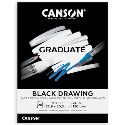 Canson Graduate Black Drawing Pad, Foldover, 9x12 inch, 20 Sheets | Artist Paper for Adults and Students - Drawing, Sketching and Art Journaling - color: Black Paper, size: 9x12 inch