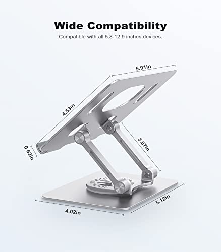 Adjustable Tablet Stand with 360° Swivel Base, Aluminum Holder for 5.8–12.9" Tablets & Switch, Silver