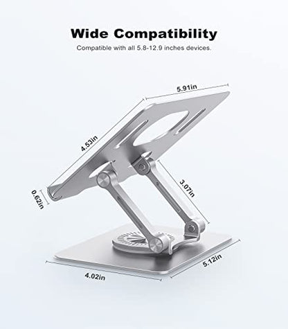 Adjustable Tablet Stand with 360° Swivel Base, Aluminum Holder for 5.8–12.9" Tablets & Switch, Silver