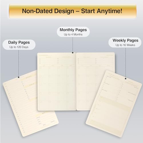 AUROPLANNER A5 Undated Planner Bamboo Cover Daily Weekly Monthly, Green | Portable Lay-Flat Notebook Organizer, 4-Month Layout, 160 Pages Cream White 100 GSM Paper, 2028 2027 2026 Calendar, Travel