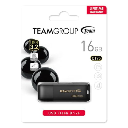 TEAMGROUP C175 16GB USB 3.2 Gen 1 (USB 3.1/3.0) Read 75MB/s Flash Thumb Drive, External Data Storage Memory Stick Compatible with Computer/Laptop Matte Black TC175316GB01 - size: 16GB