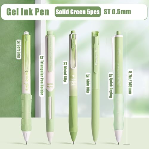 5 Count Pastel Gel Ink Pen Set,Cute Note Taking 0.5mm Fine Point Retractable 5 Count Black Ink Pens for Writing, Journaling, School, Office (Light Green) - color: Light Green