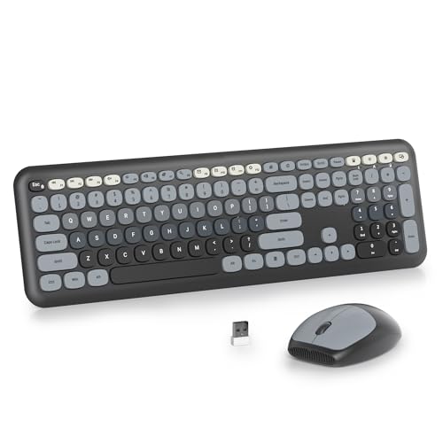 Wireless Typewriter Keyboard and Mouse Combo Retro 104 Key Full Size Office Set Black and Gray Keyboard with Silent Round Keycaps, Ideal for Laptop and Desktop PCs, Cute Design Keyboard - color: Gradient Black and Gray