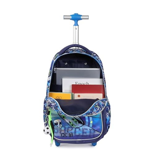 Cartoon Rolling Backpack for Boys Girls, Kids 5 Pcs Wheeled Backpack, Travel Backpack for Elementary Students (Football Blue) - color: Football Blue
