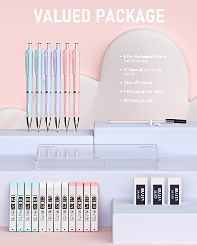 Nicpro 6PCS Pastel Mechanical Pencil Set with Case, 0.5 & 0.7 mm Cute Pencils with 12 tubes HB Lead Refills, 3 Erasers, Eraser Refills For School Supplies Student Writing, Drafting Drawing Sketching - style: 6 Pack (0.5mm+0.7mm)
