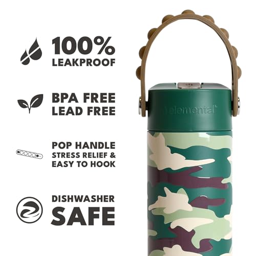 Elemental Insulated Kids Water Bottle, Stainless Steel Water Bottle with Straw Lid & Pop-It Handle, Leak-Proof Water Bottles for School, Boys or Girls, Travelling and Sports, 18oz - Green Camo - color: Green Camo