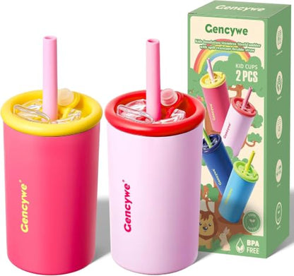Gencywe Kids Stainless Steel Cups with Straws and lids | 12 oz Spill-Proof Sippy Smoothie Tumbler Set, Small Kids Snack & Drink Water Cups, BPA-Free, Dishwasher Safe, with Box (Age: 3+ years old & up) - color: Pink