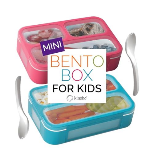 kinsho Small Snack Box Containers for Kids Toddlers, Pink Blue, Set of 2 | 3 Compartments, Leak-Proof, Spill Proof, BPA-Free Reusable Mini Bento Lunch Box for Girl & Boy Daycare School, Holds 2 Cups - color: Blue + Pink Small 2pk