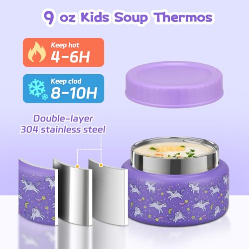 Bento Lunch Box Kids and 9oz Soup Thermos – 5.5-Cup Leakproof Kids Bento Box with Ice Pack & 9oz Insulated Food Jar – Hot & Cold Food Lunch Container for Boy Girl School, Purple Set - color: Purple Set
