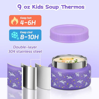 Bento Lunch Box Kids and 9oz Soup Thermos – 5.5-Cup Leakproof Kids Bento Box with Ice Pack & 9oz Insulated Food Jar – Hot & Cold Food Lunch Container for Boy Girl School, Purple Set - color: Purple Set