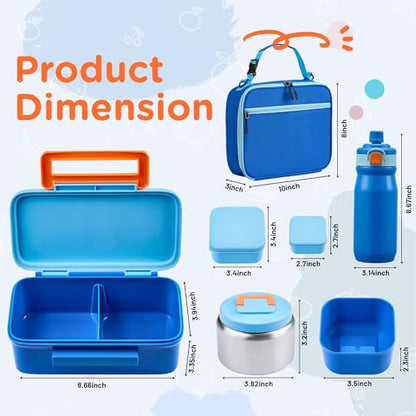 MAISON HUIS Bento Box for Kids with 8oz Soup Thermo, Insulated Lunch Bag & 17oz Water Bottle, 2-Compartment Bento Box with Built-In Ice Pack, Leak-Proof & BPA-Free (Blue) - color: Blue