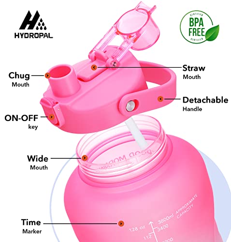 HydroPal 1 Gallon Water Bottles with Straw, 128 oz Water Bottle BPA Free Innovative 2-IN-1 Lid Gym Bottle with Times to Drink Motivational, Large for Sports Fitness Camping Water Jug （13.8X5.5 inch） - color: Sweet Peach