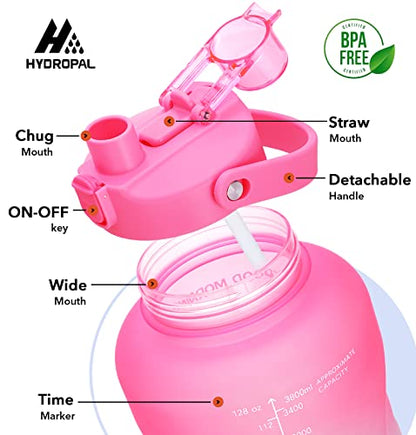 HydroPal 1 Gallon Water Bottles with Straw, 128 oz Water Bottle BPA Free Innovative 2-IN-1 Lid Gym Bottle with Times to Drink Motivational, Large for Sports Fitness Camping Water Jug （13.8X5.5 inch） - color: Sweet Peach