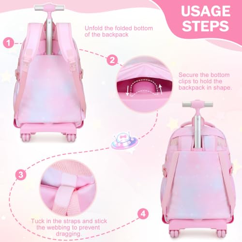 FIXITOK Rolling Backpack for Girls, Kawaii Bunny Roller Wheels School Backpacks with Lunch Bag Pencil case, Wheeled Suitcase Bookbag for Elementary Travel Dreamy-Pink - color: Dreamy-pink