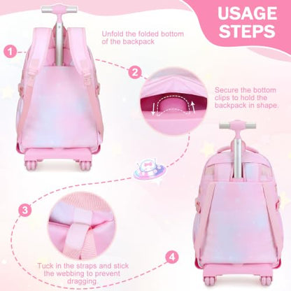 FIXITOK Rolling Backpack for Girls, Kawaii Bunny Roller Wheels School Backpacks with Lunch Bag Pencil case, Wheeled Suitcase Bookbag for Elementary Travel Dreamy-Pink - color: Dreamy-pink