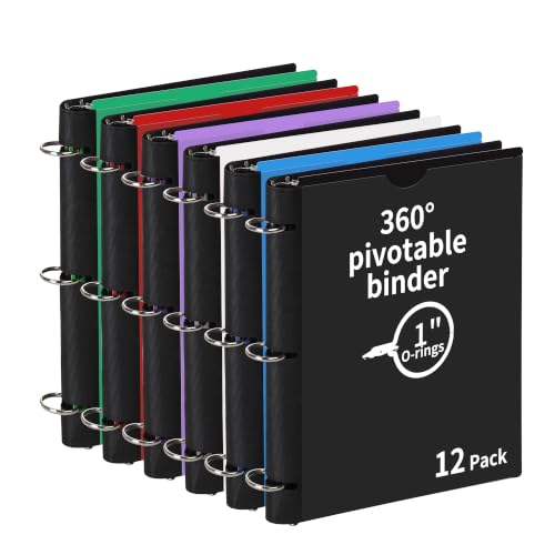 360° Pivotable 3 Ring Binder, Upgraded Foldable Binders 1 inch 12 Pack, Thin Small Three Ring Binder Fits 8.5" x 11", for Home, School and Office- Black, Purple, White, Blue, Green, Red - color: 2 Black+2 Green+2 Blue+2 Red+2 White+2 Purple, style: 12 PCS