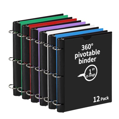 360° Pivotable 3 Ring Binder, Upgraded Foldable Binders 1 inch 12 Pack, Thin Small Three Ring Binder Fits 8.5" x 11", for Home, School and Office- Black, Purple, White, Blue, Green, Red - color: 2 Black+2 Green+2 Blue+2 Red+2 White+2 Purple, style: 12 PCS