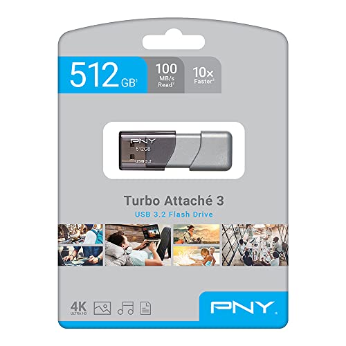 PNY 512GB Turbo Attache 3 USB 3.2 Flash Drive 100MB/s, Silver (Pack of 1) - size: 512GB