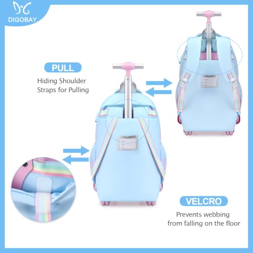 DIGOBAY Rolling Backpack for Girls, Cute Roller School Bag with Wheels, Kids Wheeled Backpacks Set with Lunch Bag Pencil Case for Teen Girls Kindergarten Elementary Middle School - color: Blue-purple