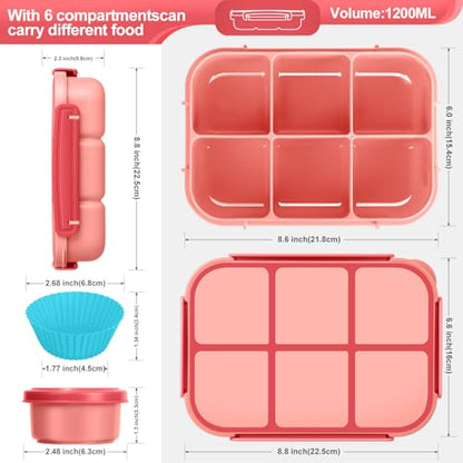 Amathley Lunch Box Kids Girls Boys,Bento Box Adult,Toddler Lunch Containers for School,Leakproof Snack Containers with 6 Compartments,Sauce Container,10 Food Picks and 4 Muffin Cups (Pink) - color: Pink