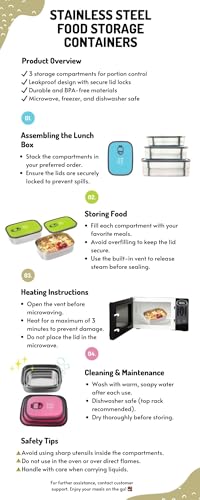 Easy Togo 3-Pack Stainless Steel Lunch Containers – Airtight Leakproof Food Storage Boxes for Meal Prep, Snacks & Leftovers – 37oz + 23oz + 12oz, Pink Lid, Reusable Bento Set for Adults