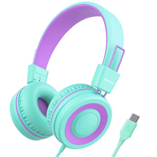 Bywulanda Upgrade USB Type C Kids Headphone for School, 94dB Safe Volume Limited, HD Stereo Sound, Foldable Lightweight On-Ear Headphones for Boys/Girls/Students/Tablet/Travel(Mint Green) - color: Mint Green