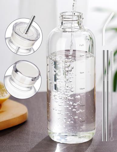 NiHome 25oz/750ml Clear Glass Water Bottle with 2 Caps & Stainless-Steel Straw, Temperature Resistant Durable High Borosilicate Glass Drinkware with Leak-Proof Seal for Travel, Gym, School & Home Use - color: Clear