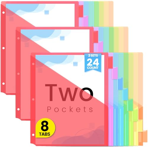Sooez 24 Count Dividers with Pockets, Binder Dividers with tabs | Binder Dividers for 3 Ring Binders, Binder Divider with Pockets for US Letter Size, Insertable Big Tabs, Red, Set of 3 - color: Red, size: 3 Sets