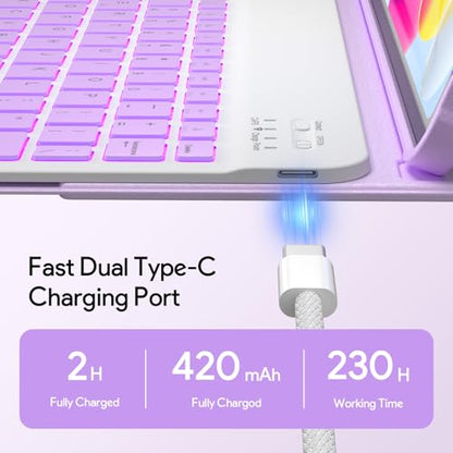 YBING Keyboard Case for iPad 10th Gen 10.9 inch(2022) & 11th Gen(A16, 2025), 7-Color Backlit Detachable Keypad & Rotatable Magnetic Case with Pencil Holder (Purple) - color: Purple