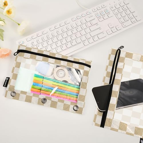 Antiquewhite Chessboard Binder Pouches 3 Ring for Boys Girls School Office College Supplies White Buffalo Plaid Burlywood Pencil Pouches Case Bag with Clear Window and Zipper 2 Pack - color: Antiquewhite